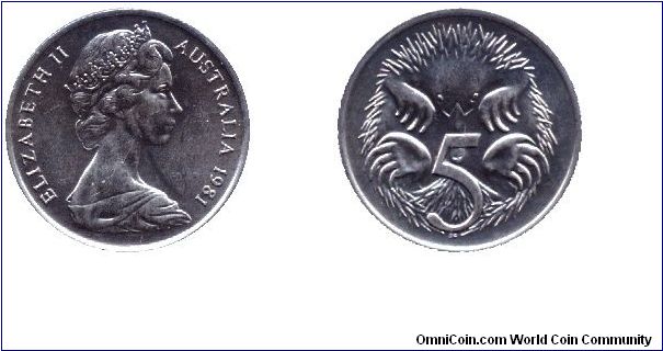 Australia, 5 cents, 1981, Cu-Ni, Short-beaked Spiny Ant-eater, Elizabeth II, part of set MS14.                                                                                                                                                                                                                                                                                                                                                                                                                      
