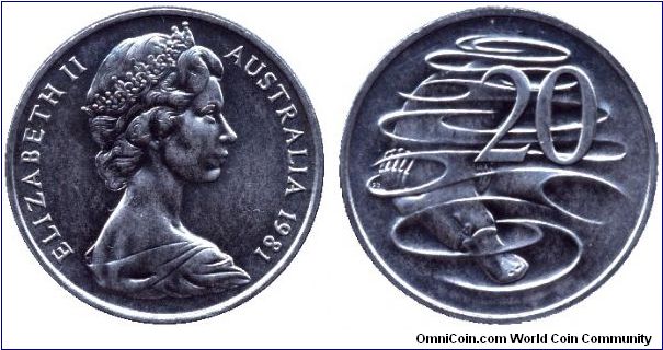 Australia, 20 cents, 1981, Cu-Ni, Duckbill Platypus, Elizabeth II, part of set MS14.                                                                                                                                                                                                                                                                                                                                                                                                                                