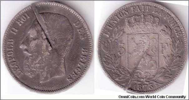 5 Francs 1873 - Forgery (normally Silver coin) & Cut (taken out of circulation, discovered by the authorities)