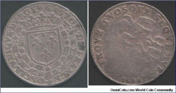 Silver jeton for Gaston D'Orleans, uncle and Regent for the young Louis XIV.

This jeton is unusually very weakly struck.