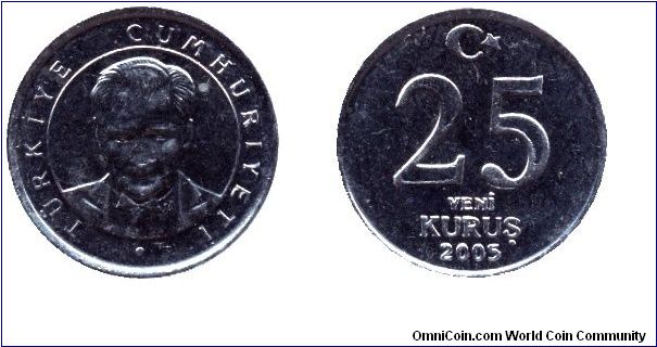 Turkey, 25 new kurus, 2005, Kemal Atatürk.                                                                                                                                                                                                                                                                                                                                                                                                                                                                          