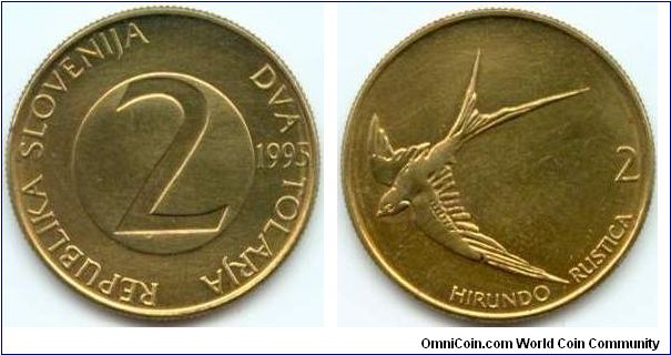 Slovenia, 2 tolarja 1995.
Barn Swallow (Hirundo Rustica).