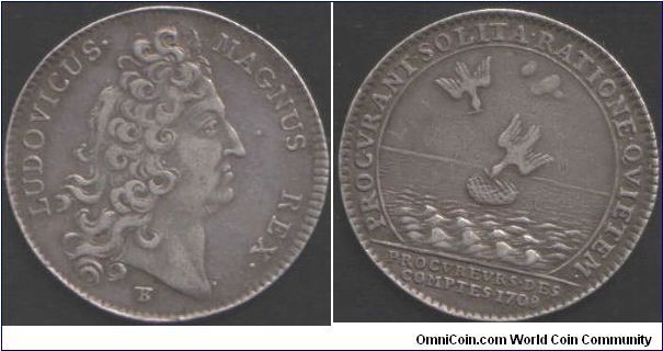 Another scarce silver jeton, this one being issued for the Solicitors for the Treasury (Procureurs des Comptes)during the time of Louis XIV. obverse, bust of the sun king by Thomas brenet. Reverse, two eagles making their nest on the sea. Pretty weird birds...but then again, so are solicitors! :-)