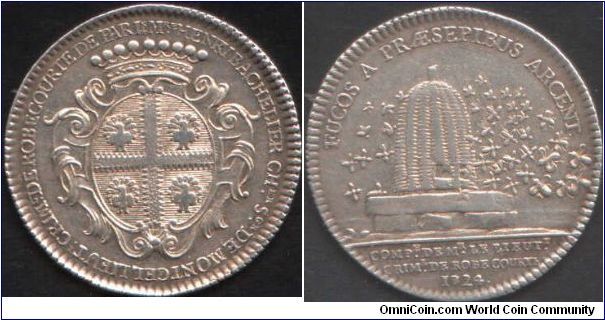 Scarcer silver jeton for the Lietenant Criminel de Robe-Courte at Chatelet (Henry Bachelier). Obverse, bacheliers coat of arms. Reverse bee hive symbolising the  company of men under his control. This reverse design was used by subsequent Lieutenants through to Louis XVI.