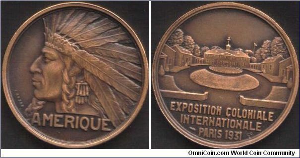 `Amerique' (32mm). Struck in brass (and  chemically darkened) for the International Exposition of 1931.