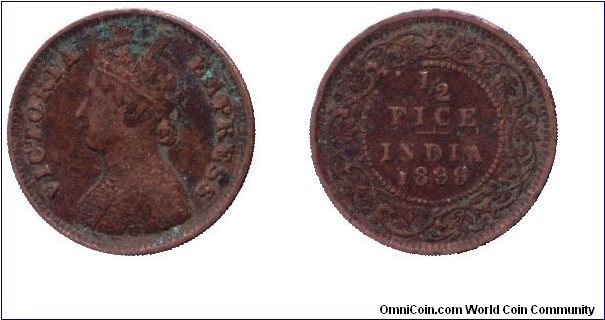 India, 1/2 pice, 1899, Cu, Queen Victoria.                                                                                                                                                                                                                                                                                                                                                                                                                                                                          