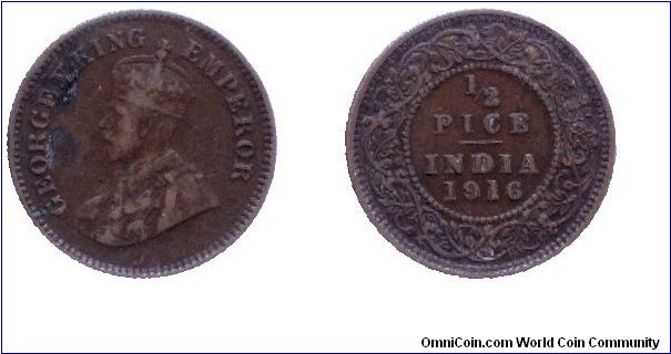 India, 1/2 pice, 1916, Bronze, King George V.                                                                                                                                                                                                                                                                                                                                                                                                                                                                       