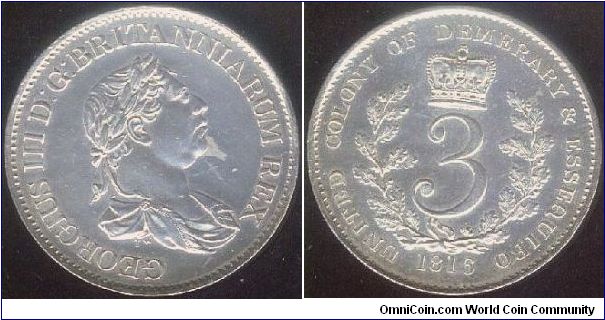 1816 George III Essequebo and Demerary 3 Guilders. Less crudely struck and different designs from the 1809 series.