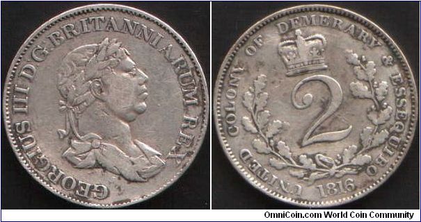 1816 George III Essequebo and Demerary 2 Guilders. Less crudely struck and different designs from the 1809 series.