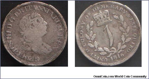 1816 George III Essequebo and Demerary 2 Guilder. Less crudely struck and different designs from the 1809 series.