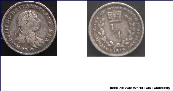 1816 George III Essequebo and Demerary Quarter Guilder. Less crudely struck and different designs from the 1809 series.