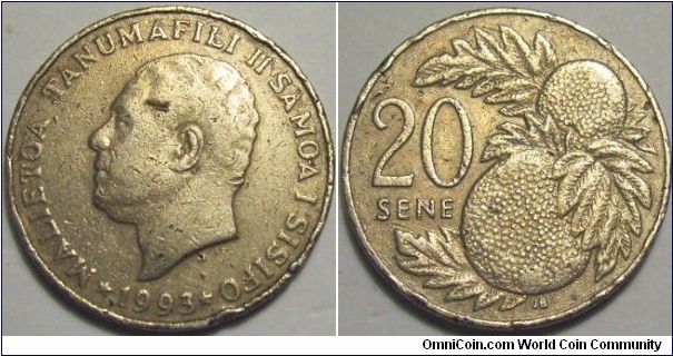 Somoa 1993 20 sene. Got this in change in Australia as 20 cent piece. The size of it is exactly the same as the Aussie 20 cent piece.