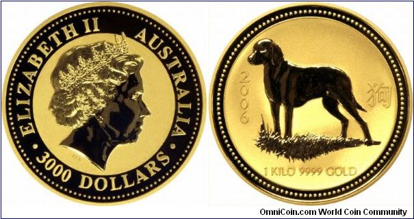 One kilo gold bullion Year of the Dog Chinese lunar calendar coin by Perth Mint of Australia. We  only have one in stock. A complete collection of all 12 symbols would be awesome! We sell them at a small premium over gold.