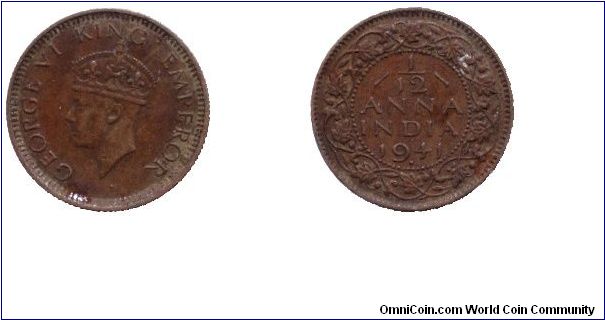 India, 1/12 anna, 1941, Bronze, King George VI.                                                                                                                                                                                                                                                                                                                                                                                                                                                                     