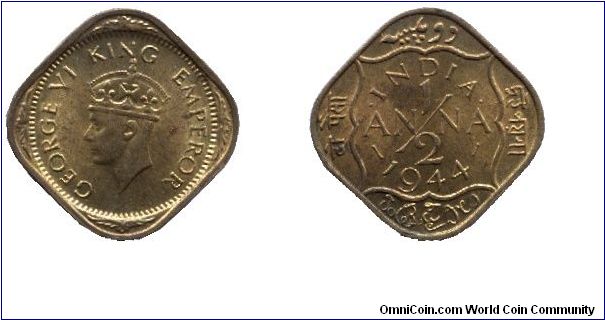 India, 1/2 anna, 1944, Ni-Brass, MM: Calcutta, King George VI.                                                                                                                                                                                                                                                                                                                                                                                                                                                      