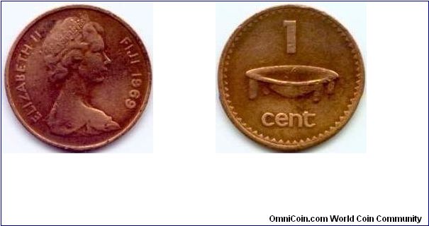 Fiji, 1 cent 1969.
Queen Elizabeth II.
Tanoa kava dish.