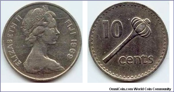 Fiji, 10 cents 1969.
Queen Elizabeth II.
Throwing club.