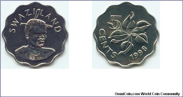 Swaziland, 5 cents 1998.
King Msawati III.
Arum Lily.