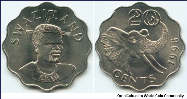 Swaziland, 20 cents 1998.
King Msawati III.
Elephant.