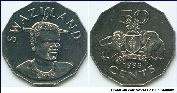 Swaziland, 50 cents 1998.
King Msawati III.
Arms.