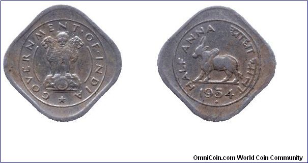 India, 1/2 anna, 1954, Cu-Ni, Government of India, Asoka Lion pedestal, Sacred Cow.                                                                                                                                                                                                                                                                                                                                                                                                                                 