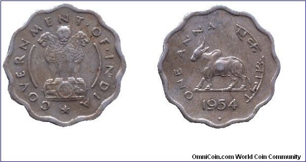 India, 1 anna, 1954, Cu-Ni, Government of India, Asoka Lion pedestal, Sacred Cow.                                                                                                                                                                                                                                                                                                                                                                                                                                   