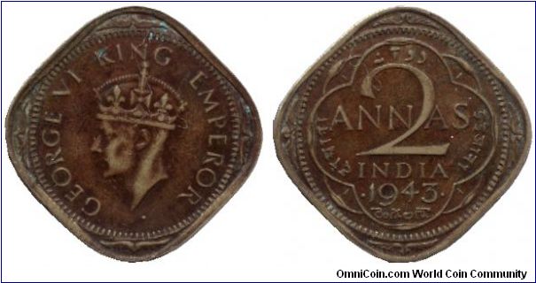 India, 2 annas, 1943, Ni-Brass, MM: Bombay, King George VI.                                                                                                                                                                                                                                                                                                                                                                                                                                                         