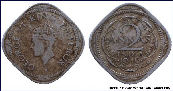 India, 2 annas, 1946, Cu-Ni, MM: Bombay, King George VI.                                                                                                                                                                                                                                                                                                                                                                                                                                                            