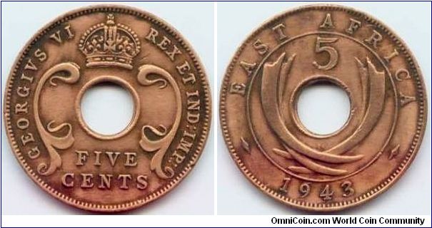 East Africa, 5 cents 1943.