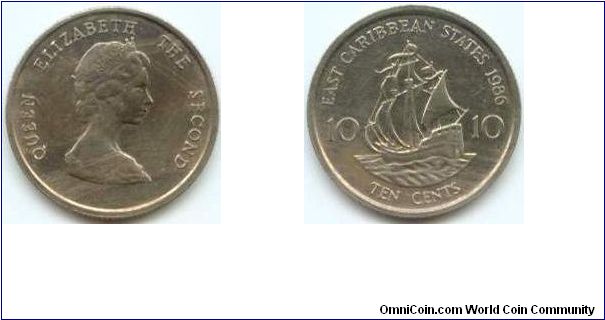 East Caribbean States, 10 cents 1986.
Queen Elizabeth II.
