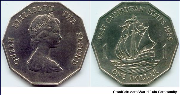 East Caribbean States, 1 dollar 1989.
Queen Elizabeth II.