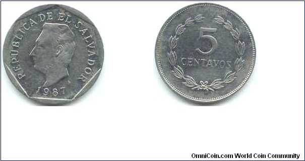 El Salvador, 5 centavos 1987.
Jose Francisco Morazan.