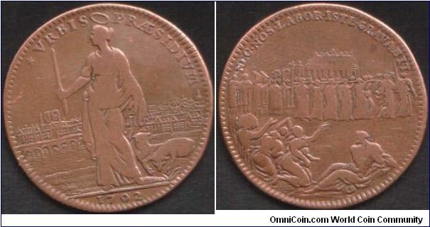 Copper jeton issued for the Sainte Genevieve church in Paris. Obverse shows St Gen. standing with Paris in background. Reverse shows a religious procession.