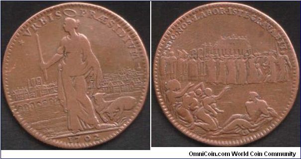 Copper jeton issued for the Sainte Genevieve church in Paris. Obverse shows St Gen. standing with Paris in background. Reverse shows a religious procession.