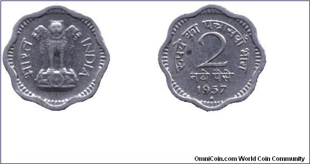 India, 2 paise, 1957, Cu-Ni, new paise.                                                                                                                                                                                                                                                                                                                                                                                                                                                                             