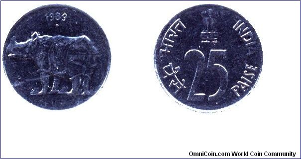 India, 25 paise, 1989, Steel, Indian Rhino.                                                                                                                                                                                                                                                                                                                                                                                                                                                                         