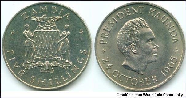 Zambia, 5 shillings 1965.
1st Anniversary of Independence.
President Kaunda.