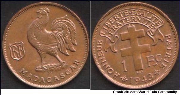 nice brilliant uncirculated 1 franc minted at Pretoria.