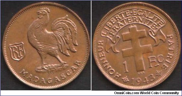 nice brilliant uncirculated 1 franc minted at Pretoria.