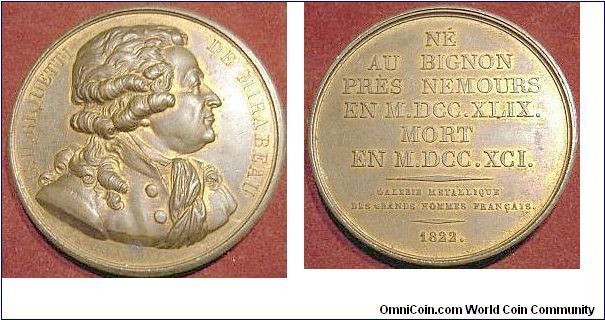 G. Honore Riquetti, Compte de Mirabeau by Gatteaux. A famous french `revolutionary' much loved by the masses who little suspected his secret dealings and sympathies with the french monarchy.
This gilt bronze medal being one of the galerie metallique series.
