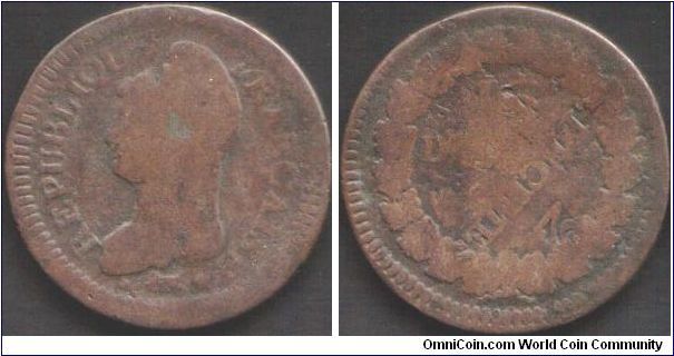 a low grade example of a one decime overstruck on a 2 decime host. The overstrike shows the host as being L'an 5 Paris mint, but it is impossible to determine the year it was overstruck.