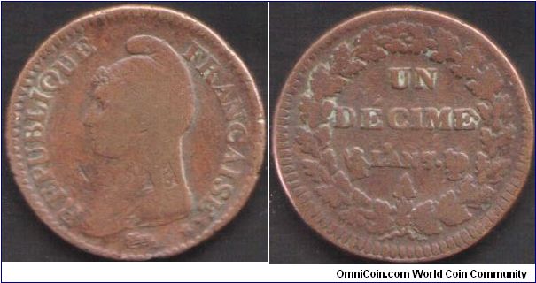copper Decime minted at Paris. 7 in date overstruck on 5.