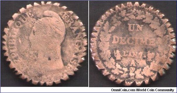 bell metal Decime minted at Paris. I have no idea what went on with the edge but it looks like it was done shortly after being struck.