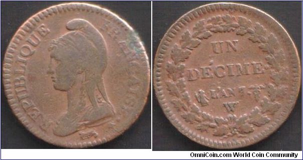 Nice example of a copper decime struck at Lille (W mint mark)