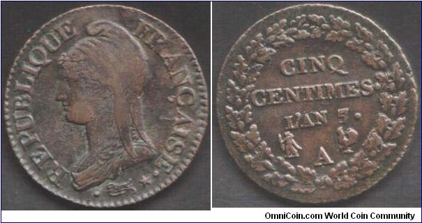 5 centimes, large module with 7 of date struck over 5. Nice example even though surface is a bit porous obverse.
