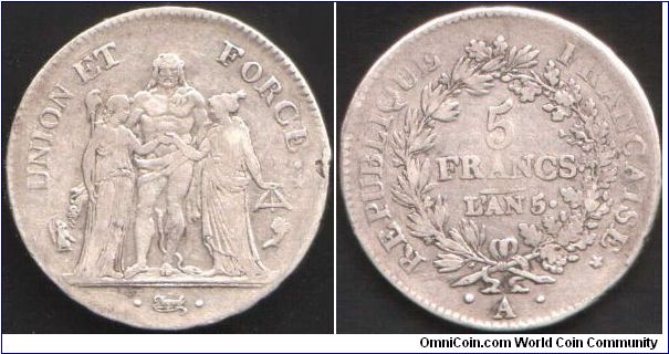 silver 5 francs L'an 5 (1796-7) minted at Paris.