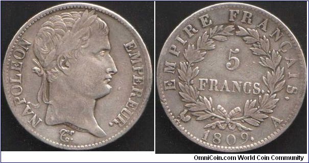 Napoleon 5 francs minted at Paris.