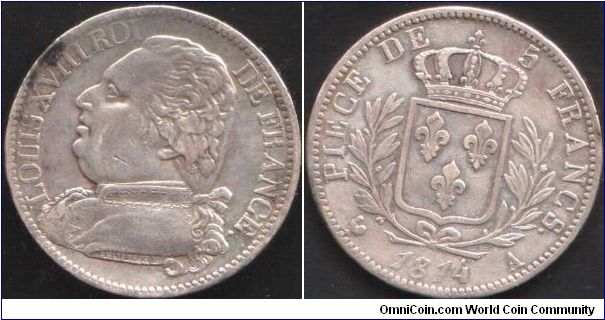 Louis XVIII (1st restoration) 5 francs minted at Paris.