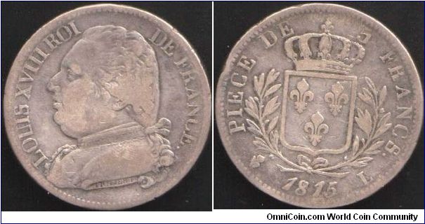Louis XVIII (1st restoration) 5 francs minted at Bayonne.