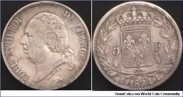 Louis XVIII (2nd restoration) 5 francs minted at Limoges.